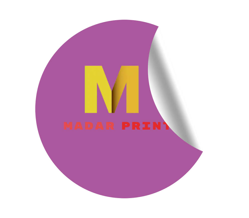 Colorful round sticker featuring 'Madar Print' in yellow and red on a purple background.