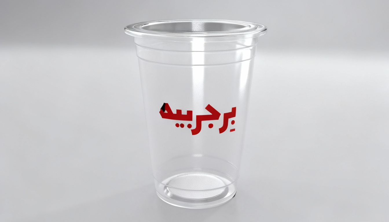 كوب بلاستيكي شفاف يتميز بنص عربي أحمر جريء، مثالي للمشروبات والمناسبات.