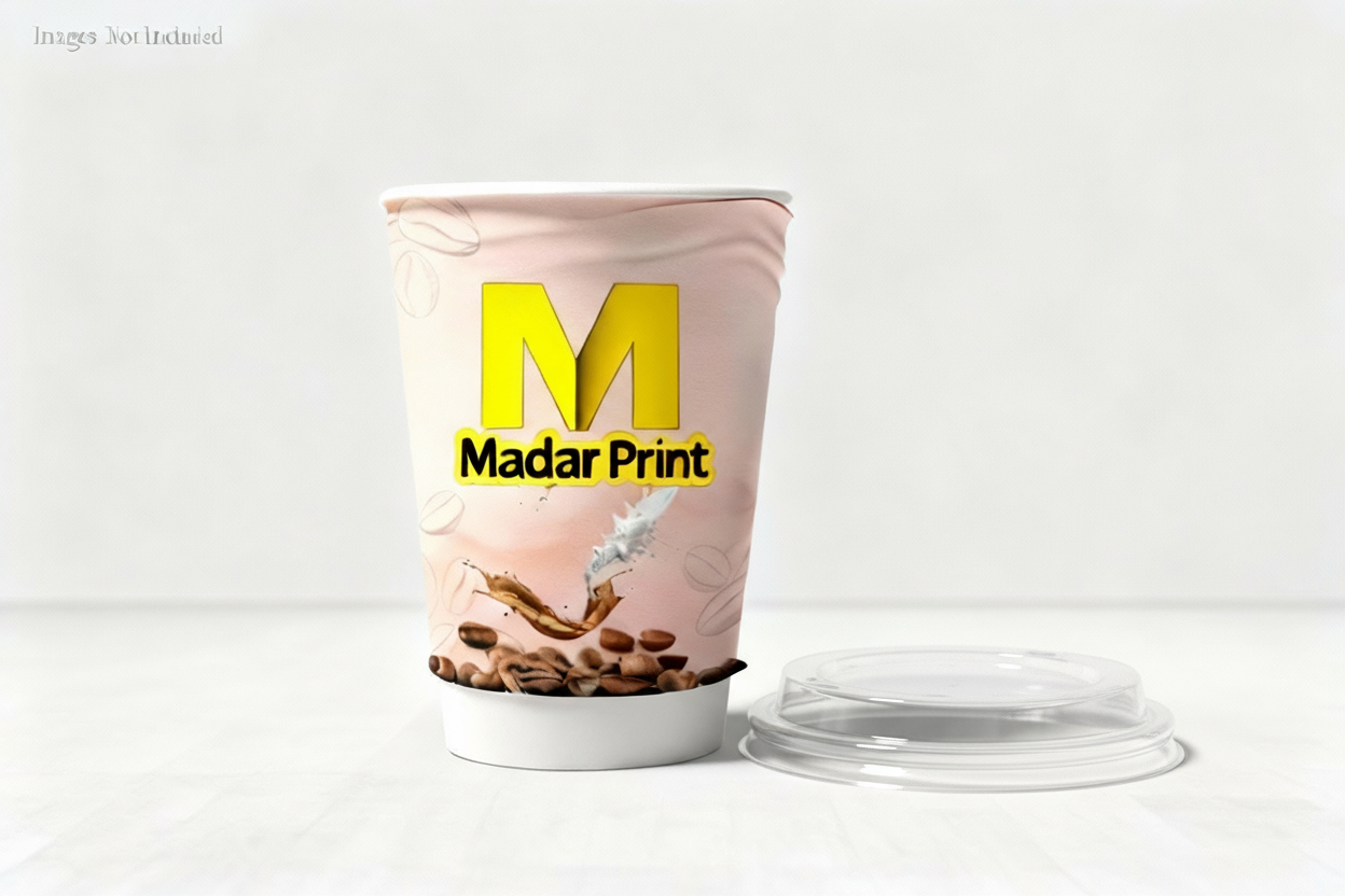 Madar Print disposable coffee cup, pink design with logo, includes clear plastic lid, perfect for beverages.