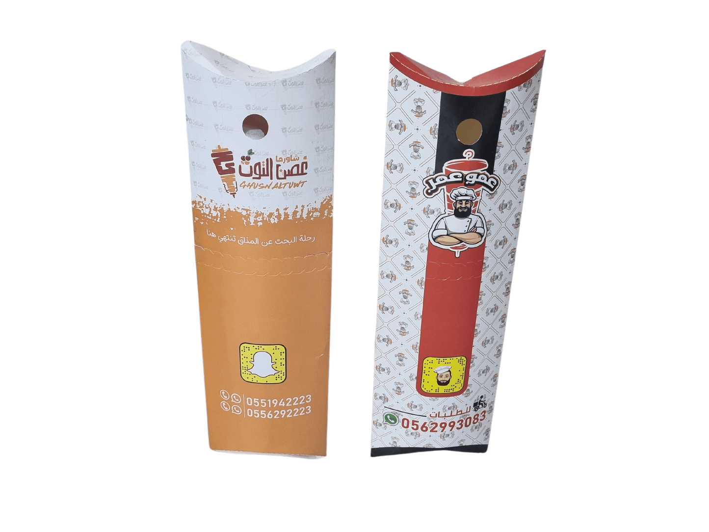 مواصفات العلبة :
علبة صاروخ الشورما، الطول 27 سم العرض 10 سم العمق 3.5 سم
الورق 300 جرام
طباعة بتصميم العميل 
الطباعة:
يمكنكم طلب طباعة خارجية فقط (يكون داخل العلبة أبيض) أو داخلية وخارجية 
السولوفان:
السولوفان هو طبقة نايلون عازلة تفيد في 1- يمنح المتانة للعلبة
2- يعزل الزيوت والسوائل عن الورق
3- يمنع الطباعة من الاختلاط بالمواد الغذائية 
لكم حرية الاختيار بإضافة سولوفان خارجي فقط أم داخلي فقط أم على الجانبين داخلي وخارجي
ملاحظة:
يُفضَّل اختيار السولوفان الداخلي عند اختياركم الطباعة الداخلية من أجل ألا