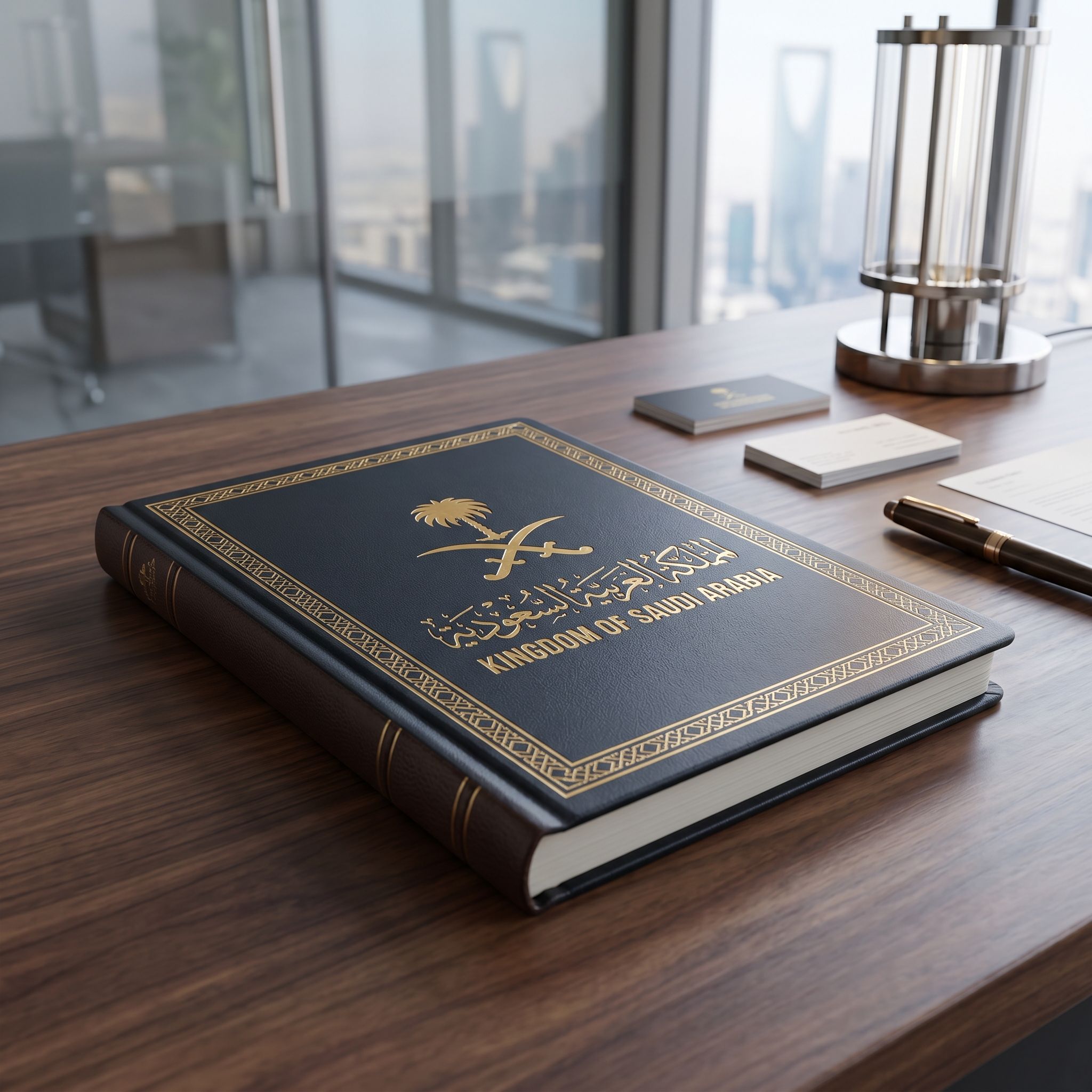 Laser engraved custom corporate agendas on elegant wooden desk in modern office setting