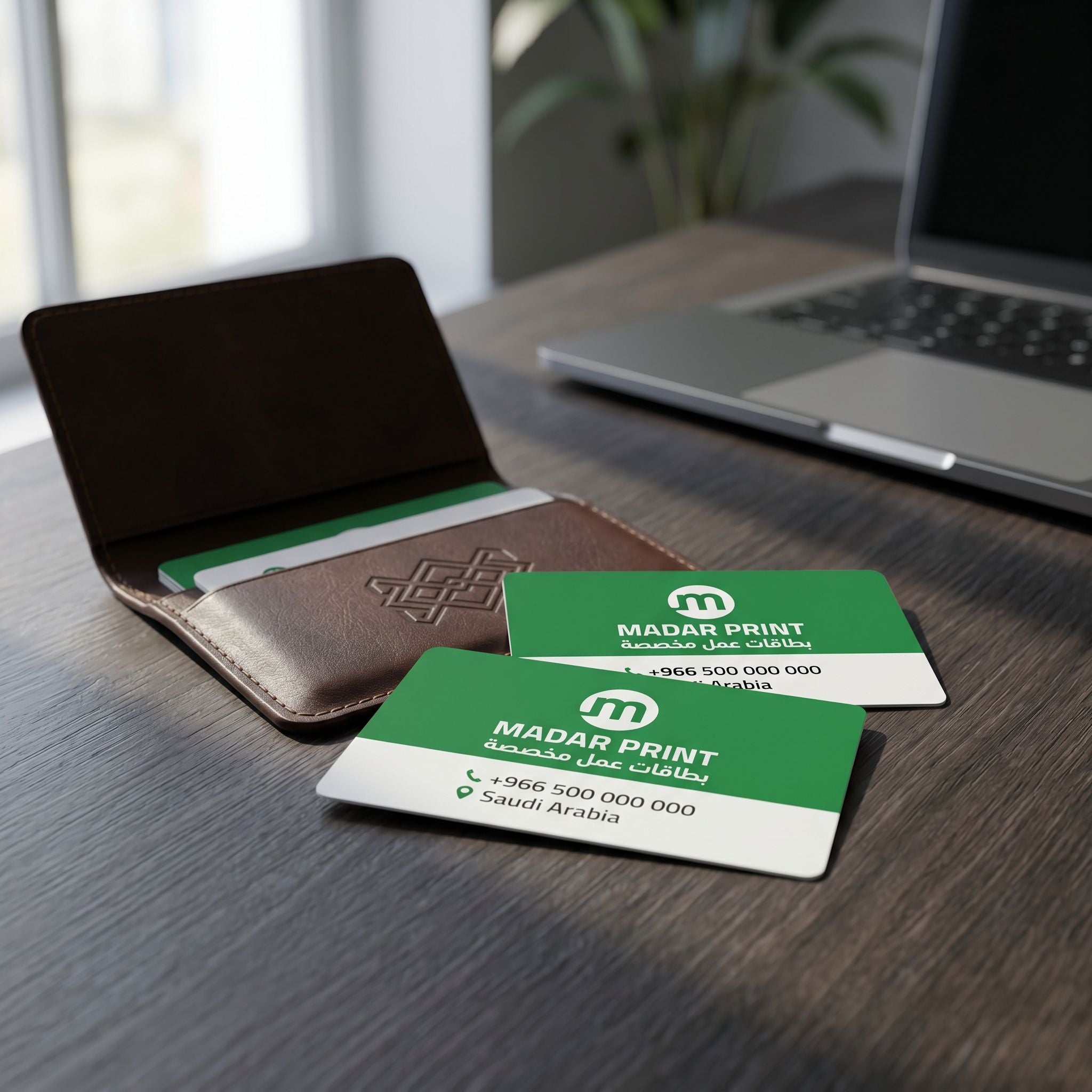 Close-up of a vibrant full-color custom ID card from Madar Print on a sleek business card holder, highlighting quality and design in a professional setting.