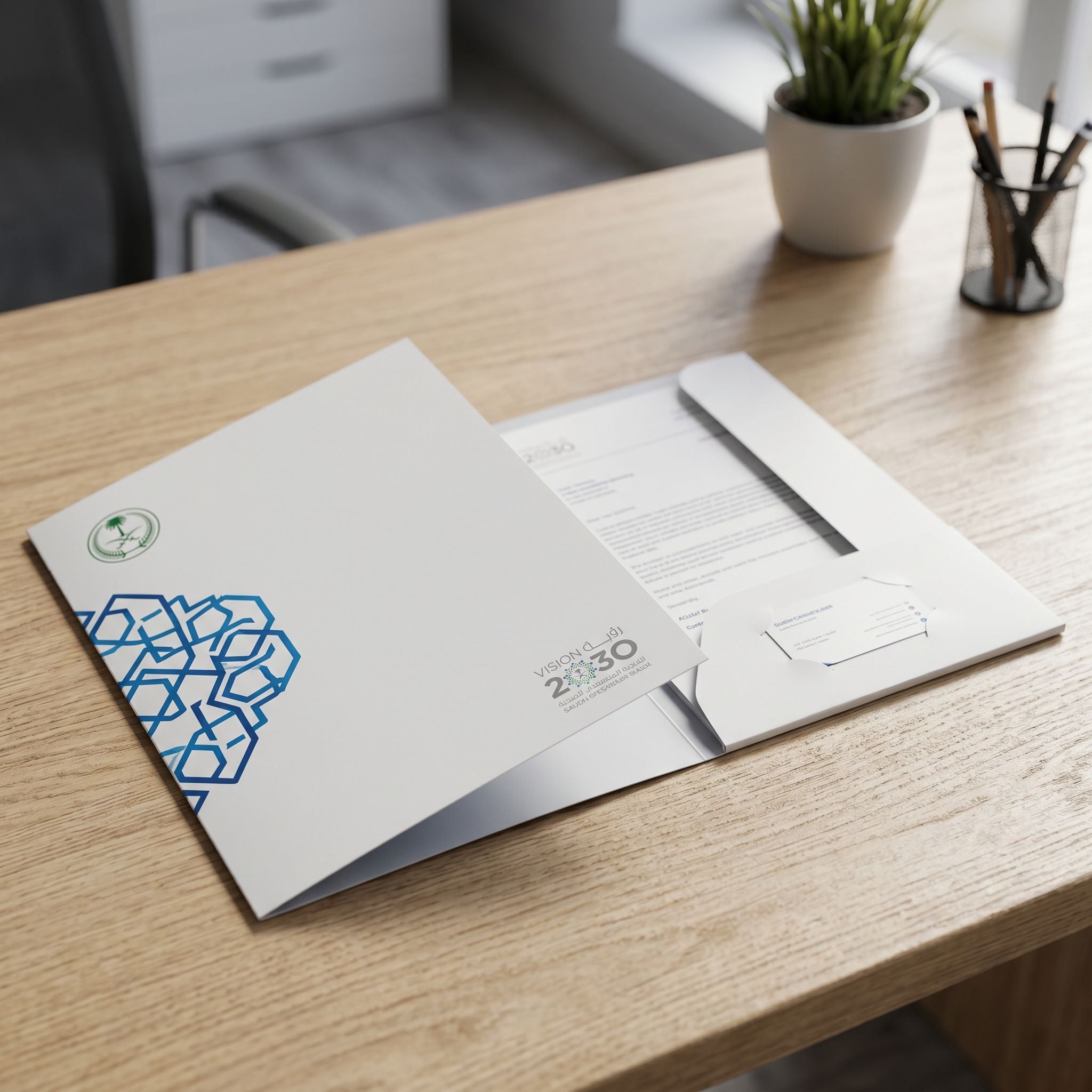 Close-up of premium matte presentation folder showing smooth finish and clean edges on wooden surface with natural lighting.