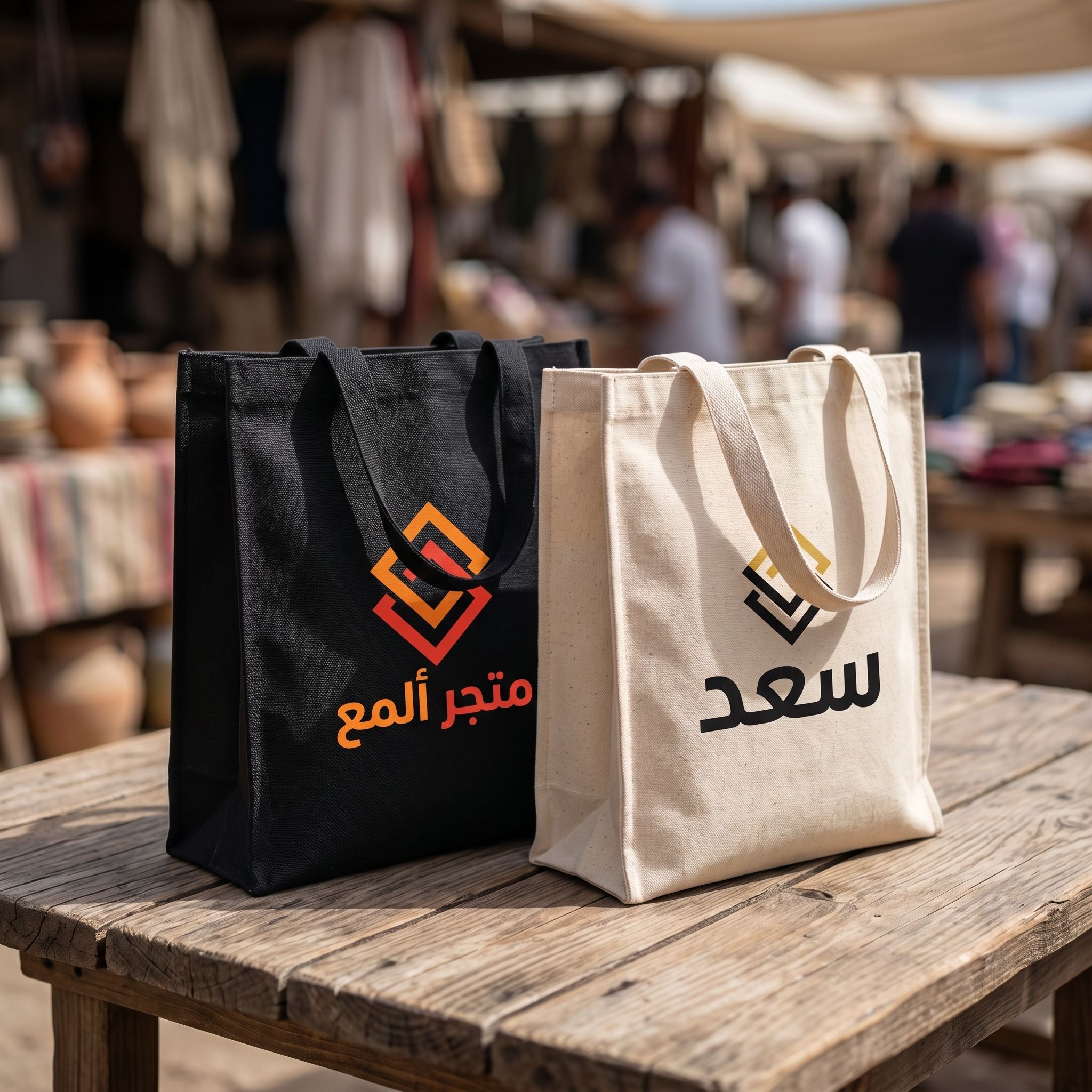 Custom printed tote bag placed on rustic wooden table outdoors, highlighting print details and bag durability.