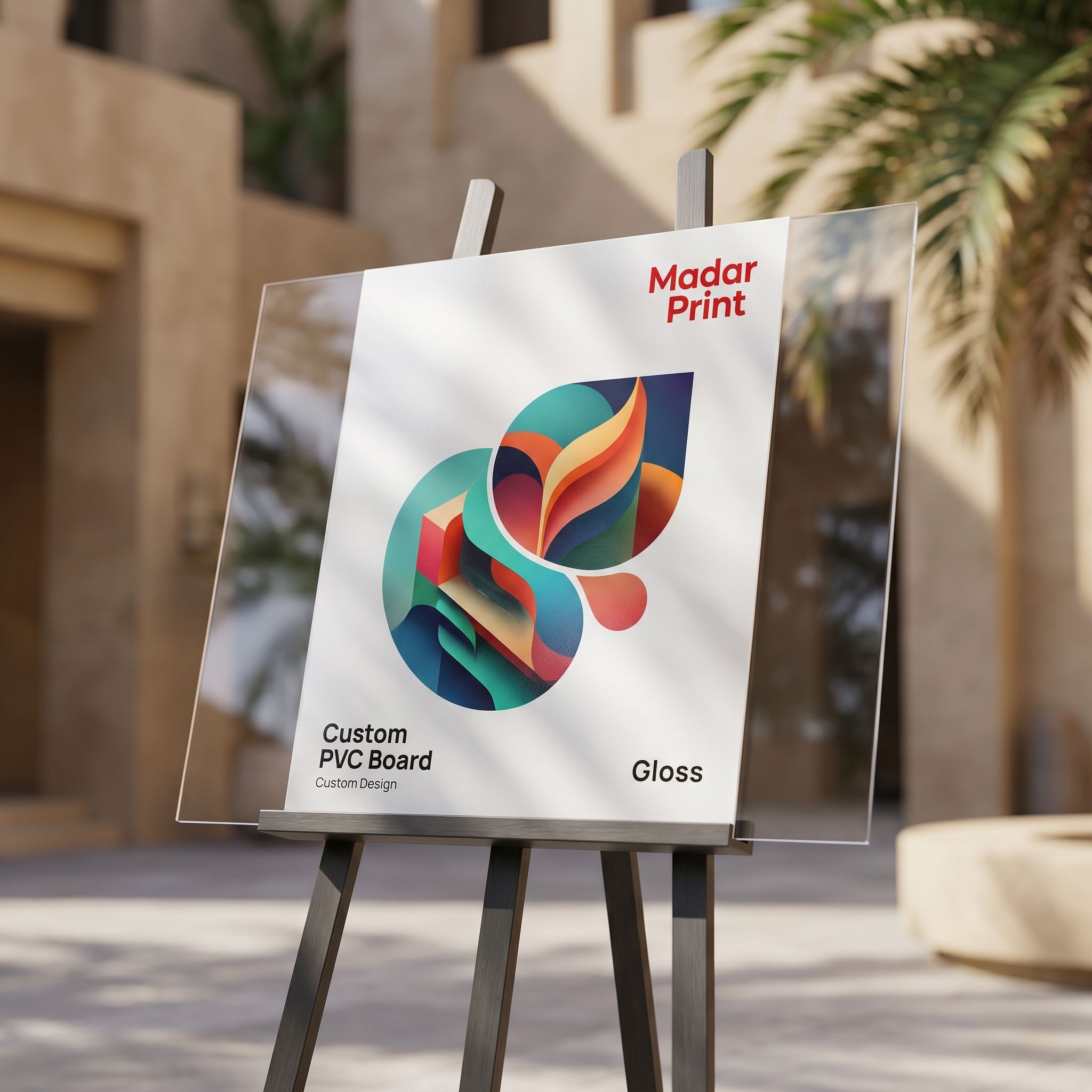 PVC board printing with gloss finish showcased outdoors on a modern display stand under sunlight, highlighting its smooth, reflective surface.
