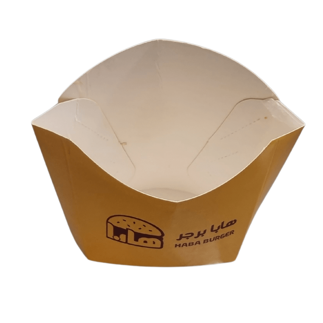 مواصفات العلبة
كوب فرايز مفتوح بسعة 40 جرام
الطباعة:
يمكنكم طلب طباعة خارجية فقط أو داخلية وخارجية 
السولوفان:
السولوفان هو طبقة نايلون عازلة تفيد في 1- يمنح المتانة للعلبة
2- يعزل الزيوت والسوائل عن الورق
3- يمنع الطباعة من الاختلاط بالمواد الغذائية 
لكم حرية الاختيار بإضافة سولوفان خارجي فقط أم داخلي فقط أم على الجانبين داخلي وخارجي
ملاحظة:
يُفضَّل اختيار السولوفان الداخلي عند اختياركم الطباعة الداخلية من أجل ألا تتلامس الطباعة مع المواد الغذائية بداخل البوكس