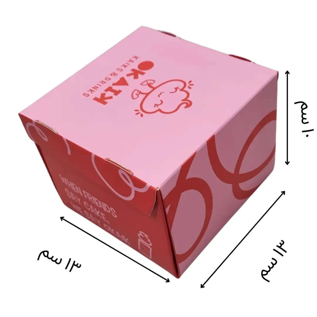 مواصفات العلبة
طول العلبة 13  سم العرض 13 سم الارتفاع 10 سم 
تصلح لبرغر دبل وكيك وغيرهما 
المادة: ورق انفركوت 300 جرام
الطباعة:
يمكنكم طلب طباعة خارجية فقط (يكون من الداخل أبيض تماماً) أو داخلية وخارجية 
بوكس طباعة خارجية فقط 
طباعة داخلية وخارجية 
 
السولوفان:
السولوفان هو طبقة نايلون عازلة تفيد في 1- يمنح المتانة للعلبة
2- يعزل الزيوت والسوائل عن الورق
3- يمنع الطباعة من الاختلاط بالمواد الغذائية 
لكم حرية الاختيار بإضافة سولوفان خارجي فقط أم داخلي فقط أم على الجانبين داخلي وخارجي
مدة التنفيذ 7-10 ايام