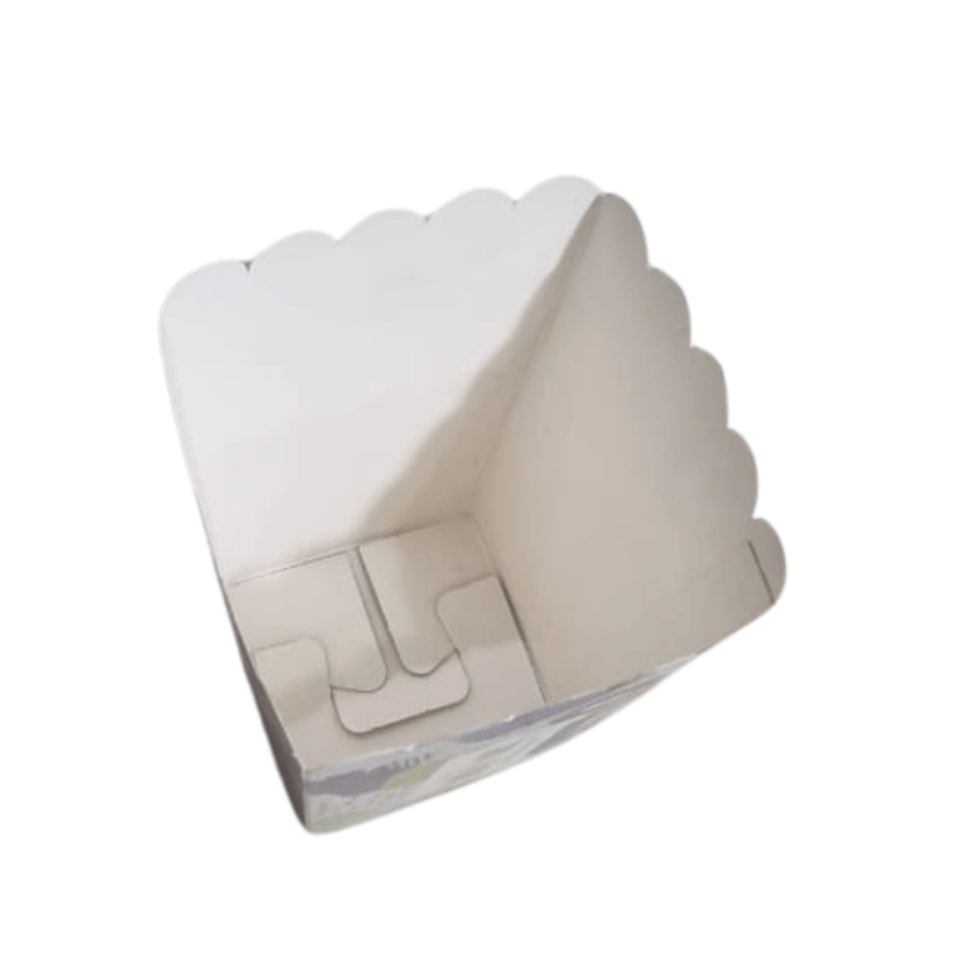 مواصفات العلبة :
 
علبة هرمية الشكل مربعة الأبعاد من القمة 9,5×9.5 سم الارتفاع 15 سم
 
الطباعة:
يمكنكم طلب طباعة خارجية فقط يكون داخل العلبة أو داخلية وخارجية 
السولوفان:
السولوفان هو طبقة نايلون عازلة تفيد في 1- يمنح المتانة للعلبة
2- يعزل الزيوت والسوائل عن الورق
3- يمنع الطباعة من الاختلاط بالمواد الغذائية 
لكم حرية الاختيار بإضافة سولوفان خارجي فقط أم داخلي فقط أم على الجانبين داخلي وخارجي
ملاحظة:
اذا كان العلبة ستُستخدم للتشيز فرايز أو ستتم إضافة صوصات وغيره على الفرايز فينبغي اختيار السولوفان الداخلي