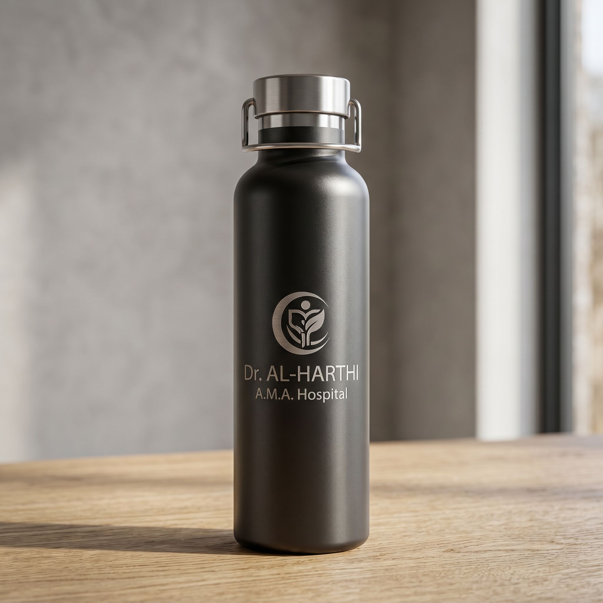 Close-up of a laser-engraved metallic custom water bottle highlighting clear engraving details and smooth contours in a natural light environment.