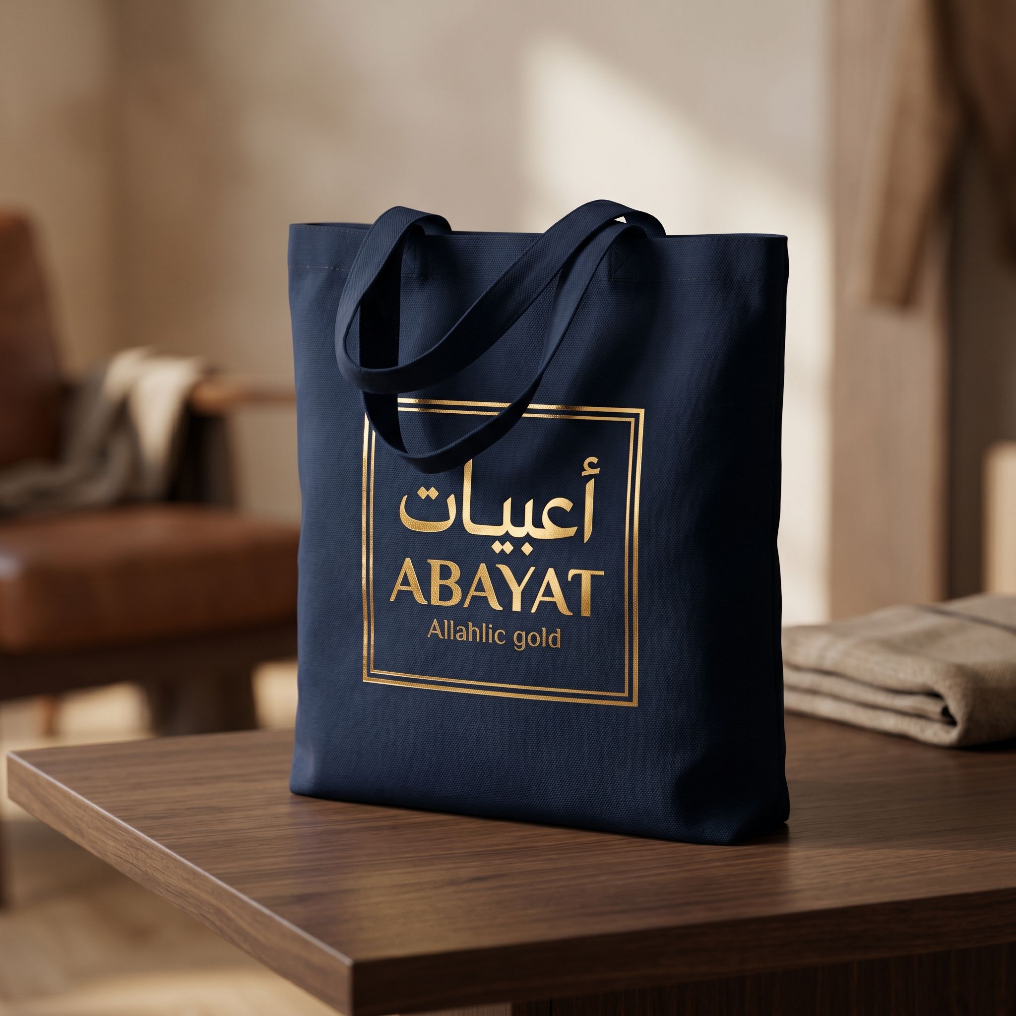 Close-up of luxury foil printed custom tote bag highlighting reflective foil details and textured material on dark wooden surface.