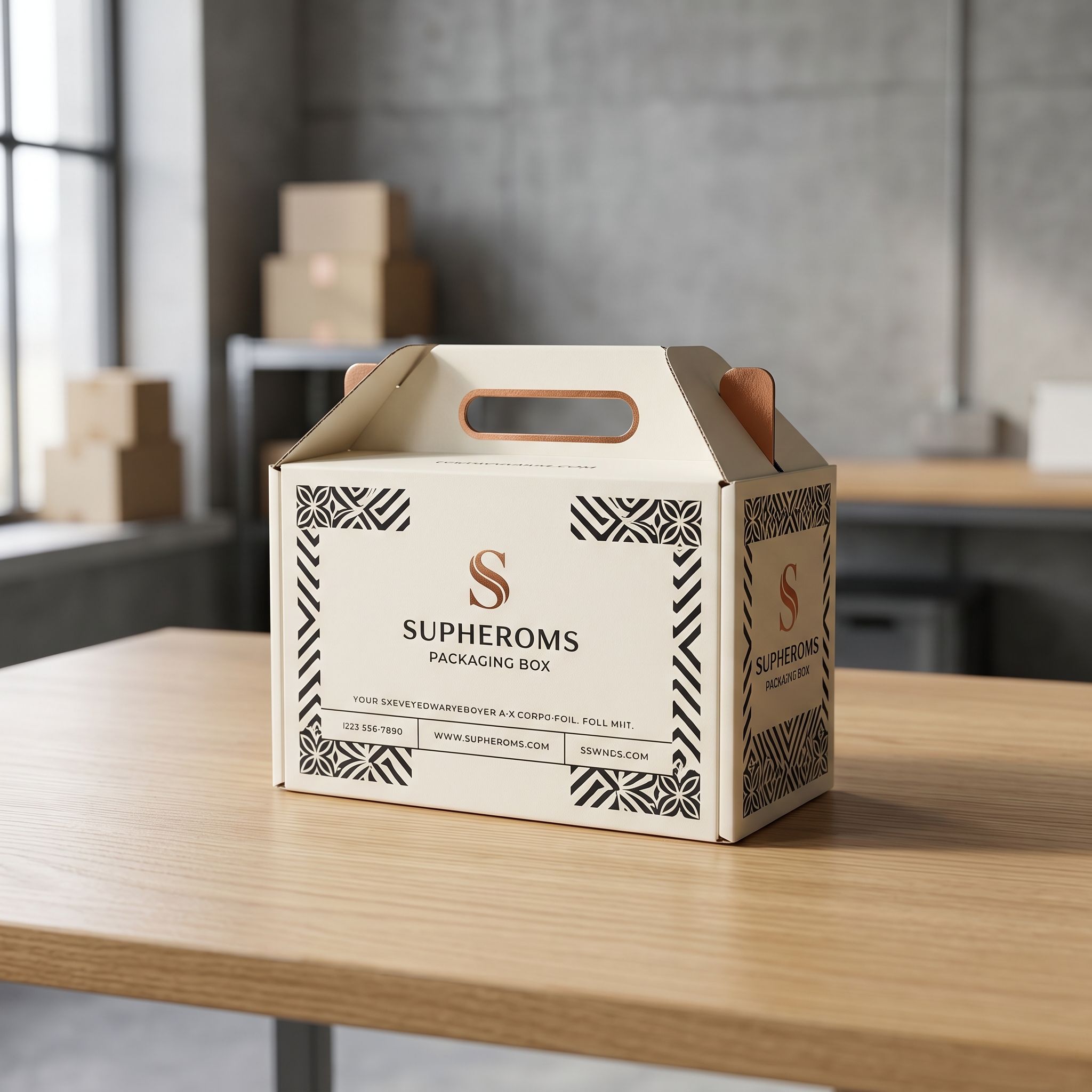 Custom luxury foil e-commerce packaging box on wooden table, highlighting metallic finish and premium quality.