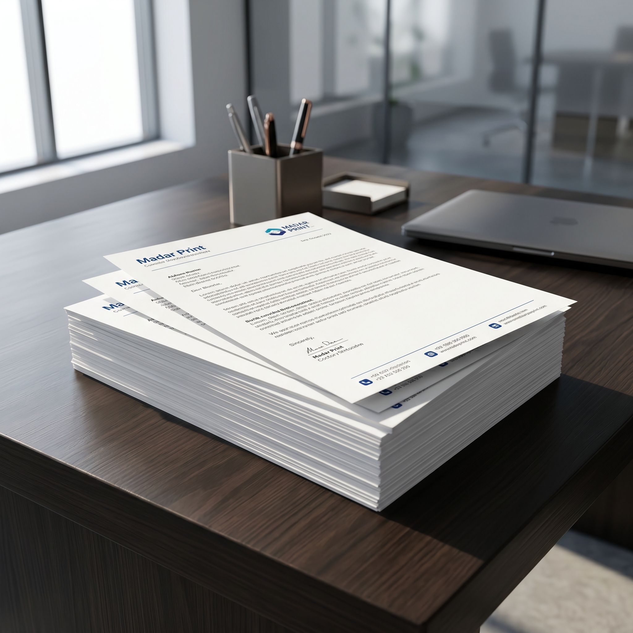 Stack of professionally printed double-sided letterheads on sleek office desk with natural light highlighting crisp white paper and smooth texture, showcasing corporate aesthetic.