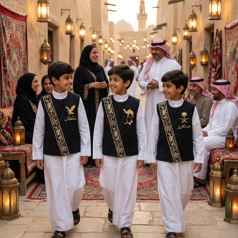 Boys' plain black sediri with golden Arabic calligraphy pattern — product image 4