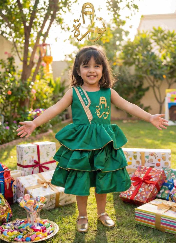 Girls green patriotic beige layered dress decorated for Foundation Day 2026 — product image 3
