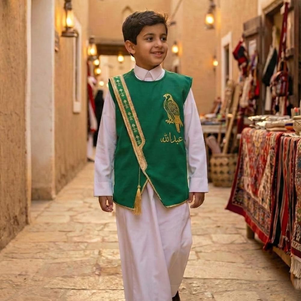 Blank royal green boys' Sediri bisht with two swords and a golden palm pattern — product image 3