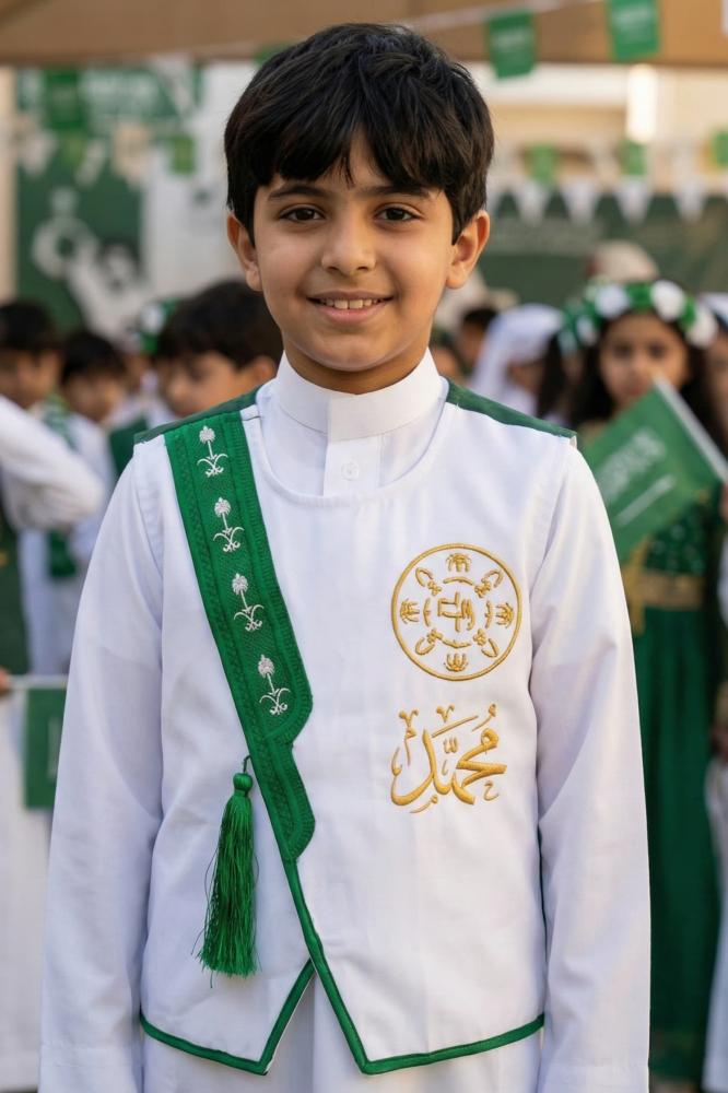 Blank white boys' Sediri bisht with a green frame, two swords and a palm tree pattern, and a green fringe — product image 1
