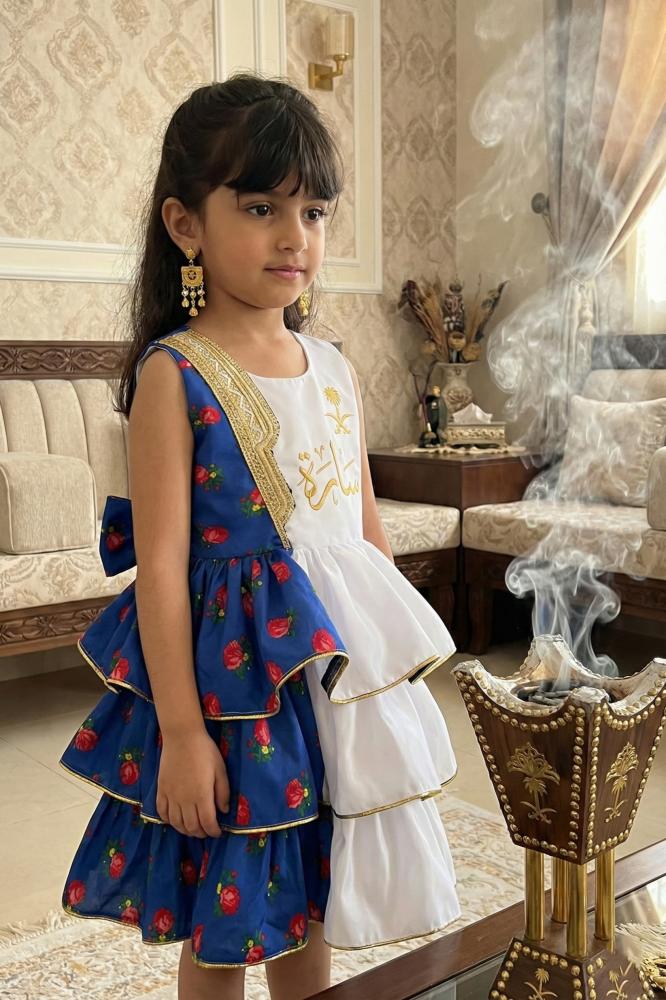 Girls' traditional Shalki dress with a layered design that combines white and blue — product image 1