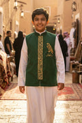 Blank olive green boys' Sediri with a Saudi standing collar and longitudinal embroidery in golden Arabic script — product image 1