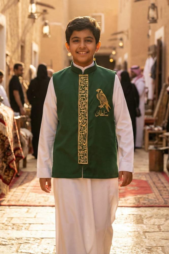 Blank olive green boys' Sediri with a Saudi standing collar and longitudinal embroidery in golden Arabic script — product image 1