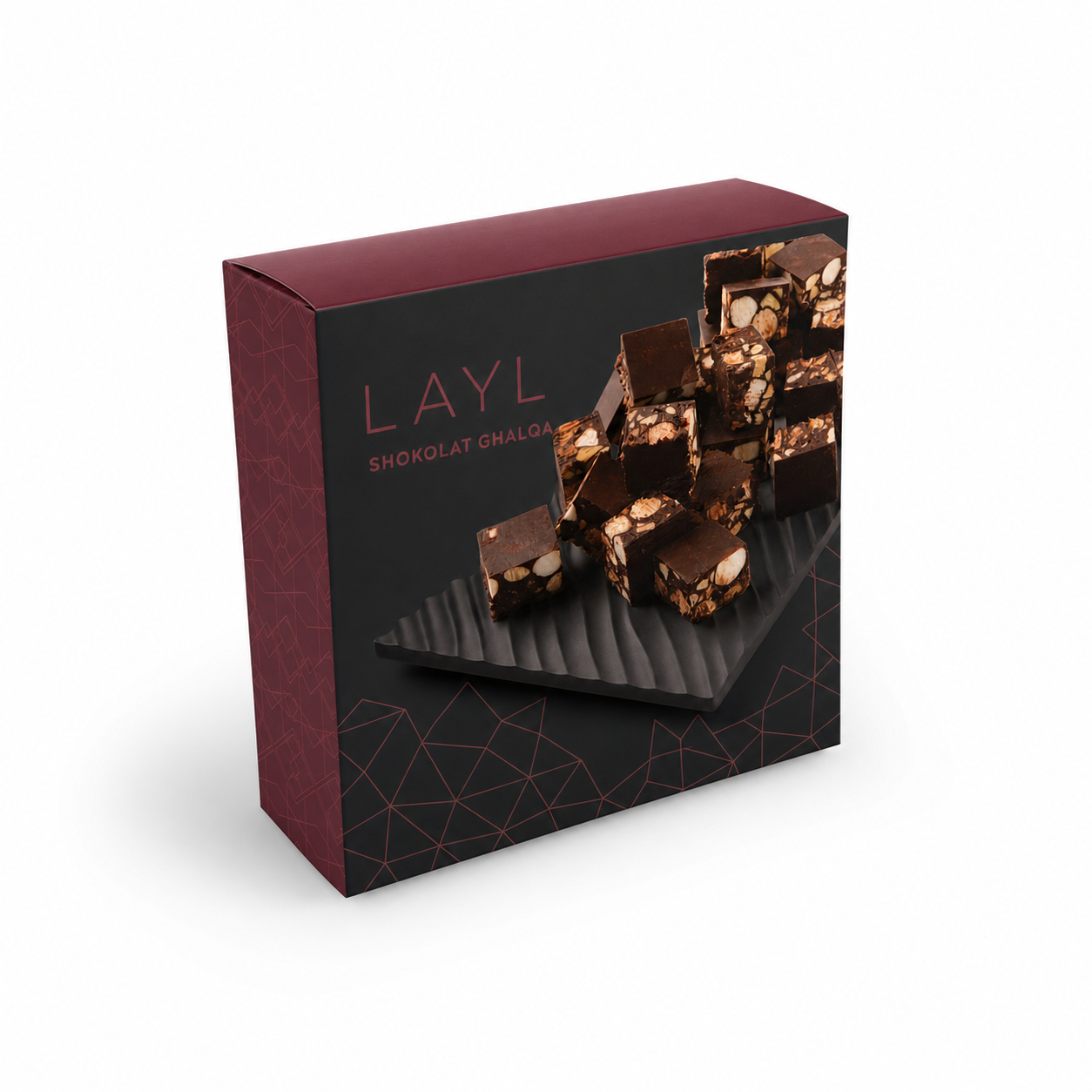 Layl custom printed paper box – dark chocolate layout, view 1