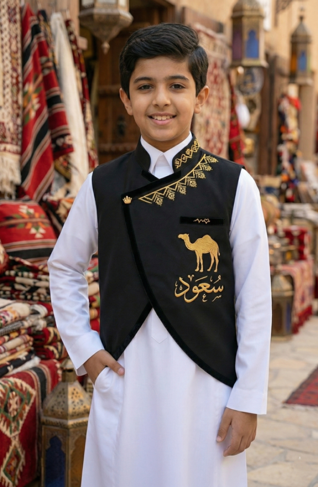 Blank black boys' robe with a Saudi stand-up collar and a curved cut, with a golden heart brooch — product image 1