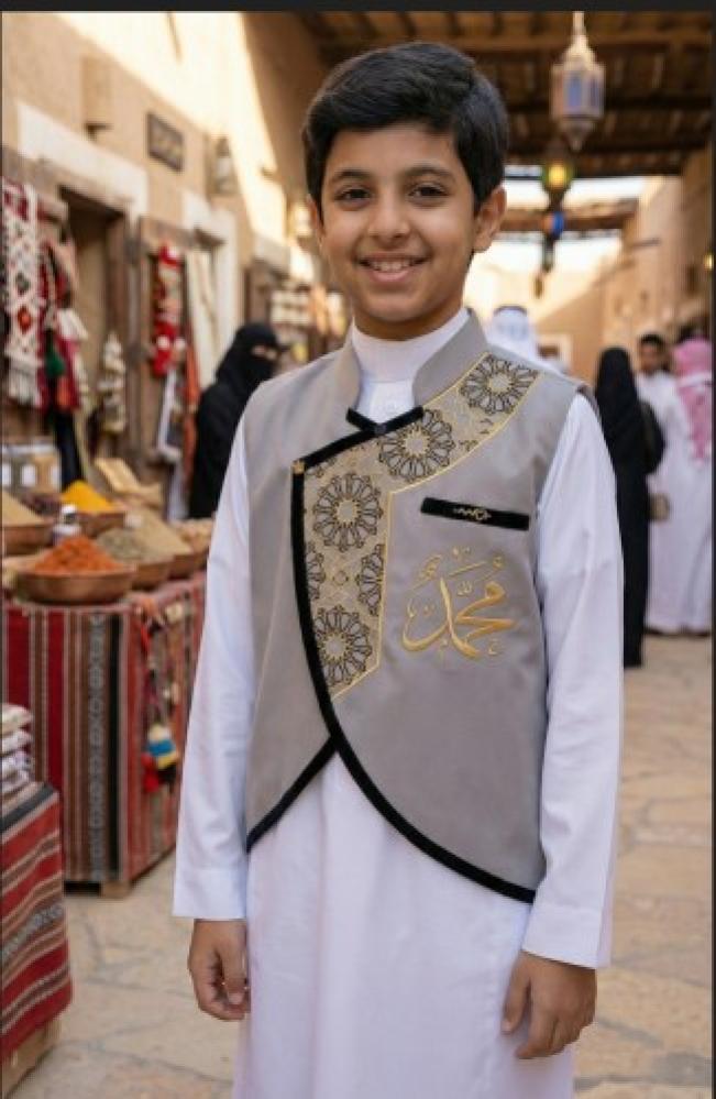 Boys' plain gray blazer with a Saudi stand-up collar and a curved cut with a heart brooch — product image 1