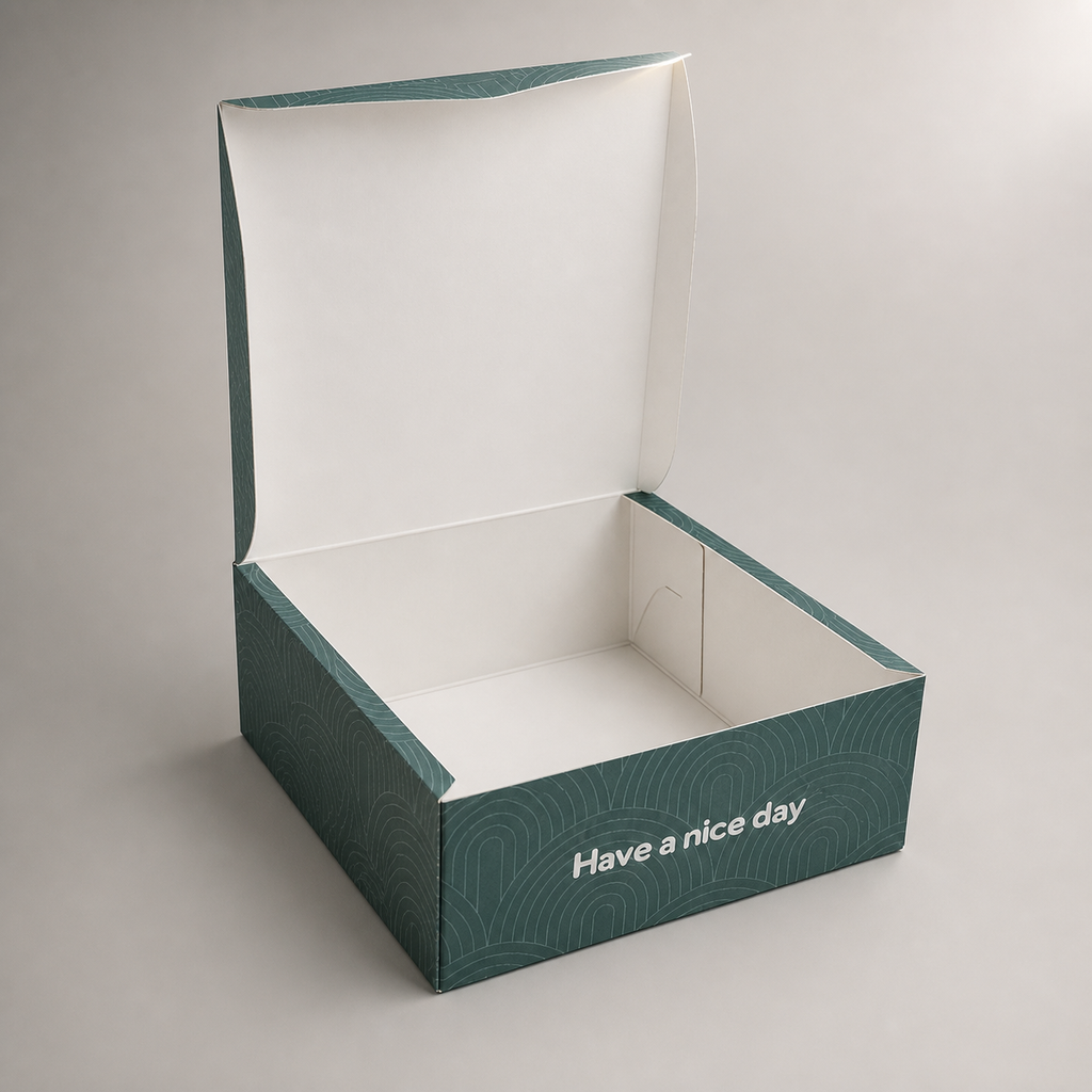 Open empty custom printed 20 x 20 x 10 cm cake box from a different angle