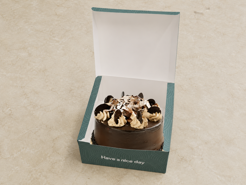 Open custom printed 20 x 20 x 10 cm cake box with a chocolate cake