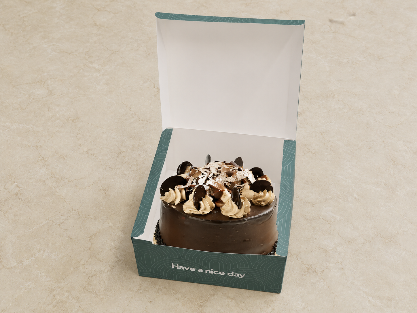 Open custom printed 20 x 20 x 10 cm cake box with a chocolate cake