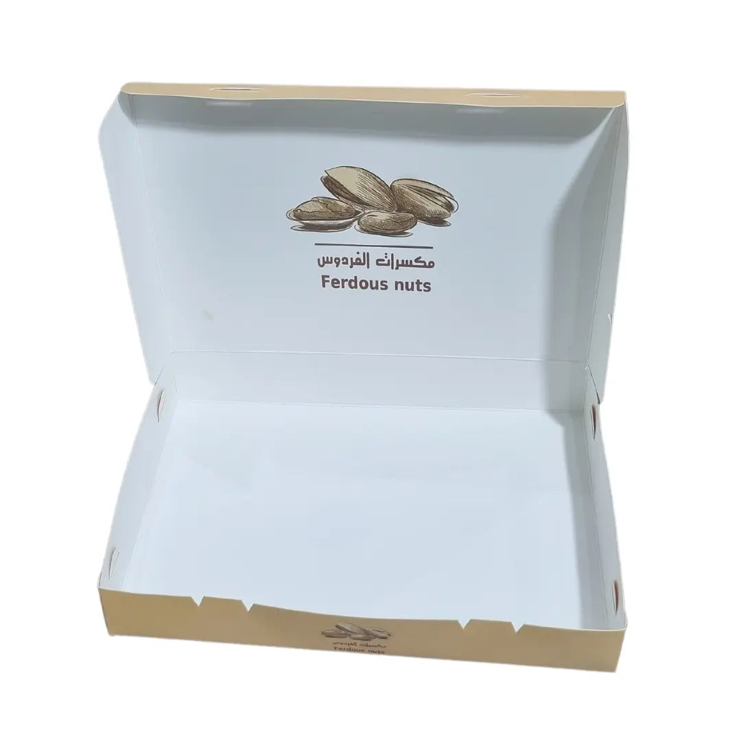 Box with dimensions of 25.5 x 18 x 4 cm, for nuts, citrus fruits, sweets and other uses, printed with the customer’s logo and design. Box with dimensions of 25.5 x 18 x 4 cm, for nuts, citrus fruits, sweets and other uses, printed with the customer’s logo and design. مطبعة مدار Madar Print