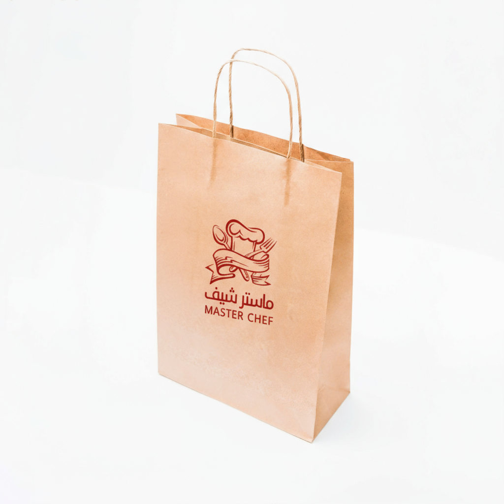 Brown paper bag with 'Master Chef' logo, featuring sturdy handles, ideal for food takeout.