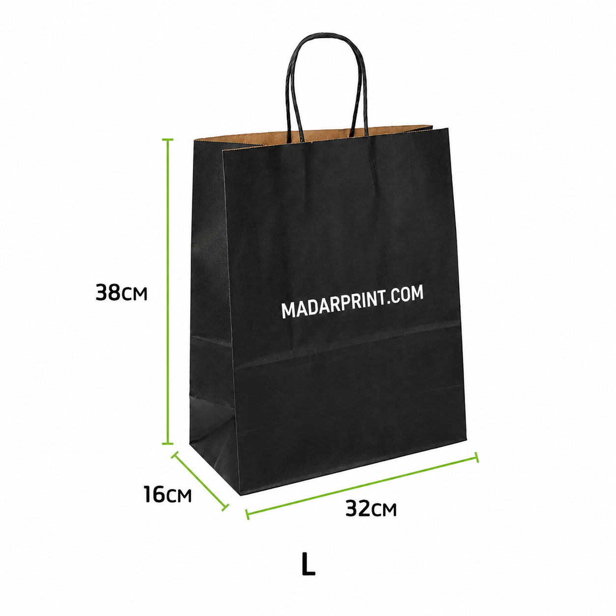 Custom Printed Black Paper Bag Size L – 32 × 16 × 38 cm