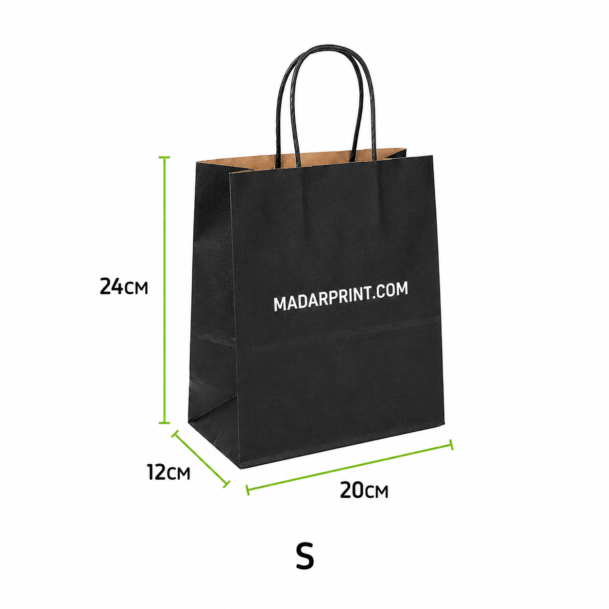 Custom Printed Black Paper Bag Size S – 20 × 12 × 24 cm