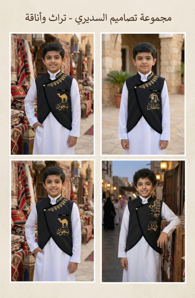 Blank black boys' robe with a Saudi stand-up collar and a curved cut, with a golden heart brooch — product image 3