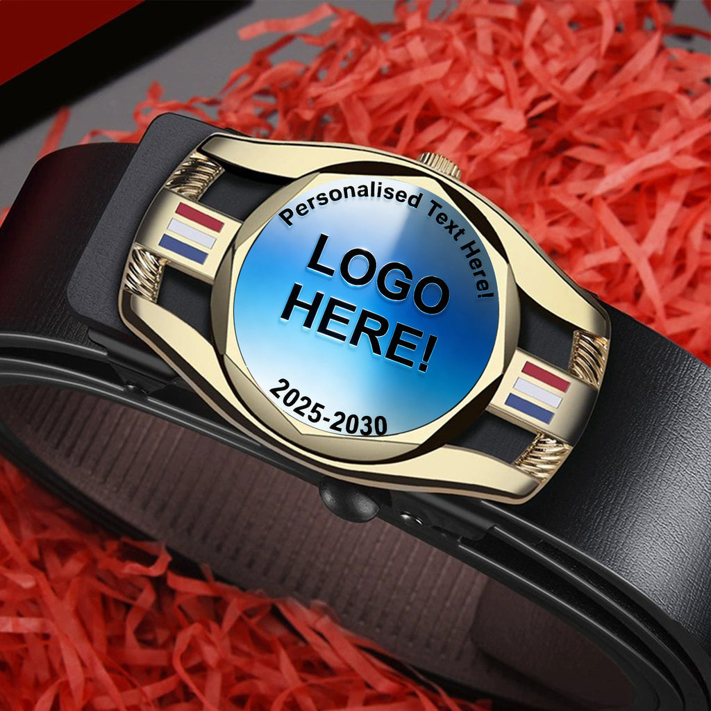 One Custom Men's Belt, Made of PU Leather, with Customizable Patterns, Text and Logos, Golden and Silvery Design,… - image 4