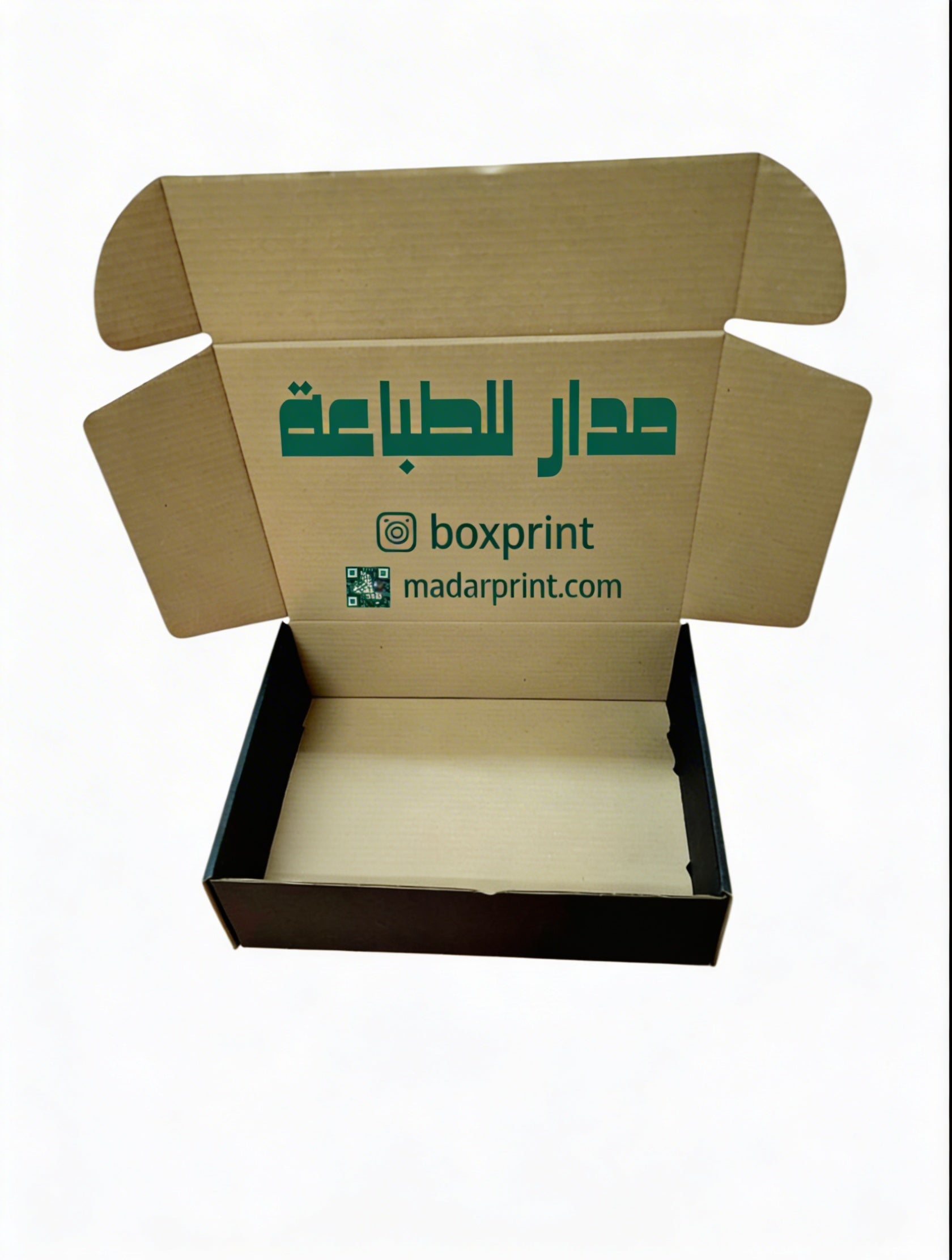 Open cardboard box with black exterior, featuring customizable printing options for packaging needs.