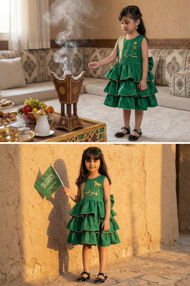 Children's green layered dress decorated with beige patriotic foundation day — product image 3