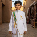 Blank white boys' Sediri bisht with a green frame patterned with two swords and a golden palm tree — product image 1