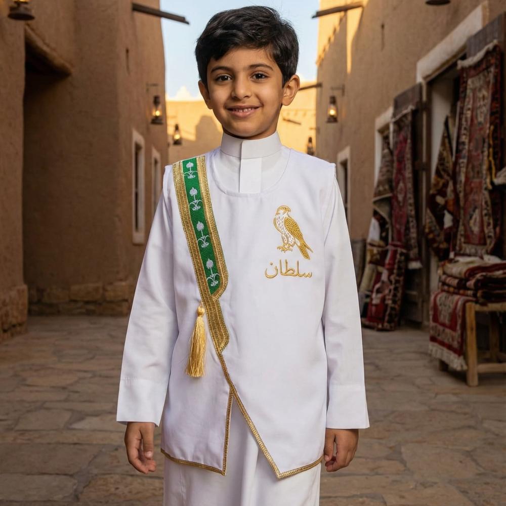 Blank white boys' Sediri bisht with a green frame patterned with two swords and a golden palm tree — product image 1