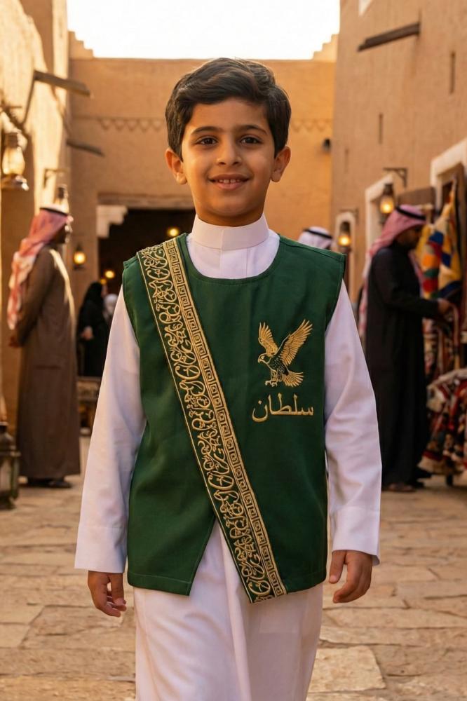 Blank Sudairi Bisht, golden Arabic calligraphy pattern, grass green color — product image 4