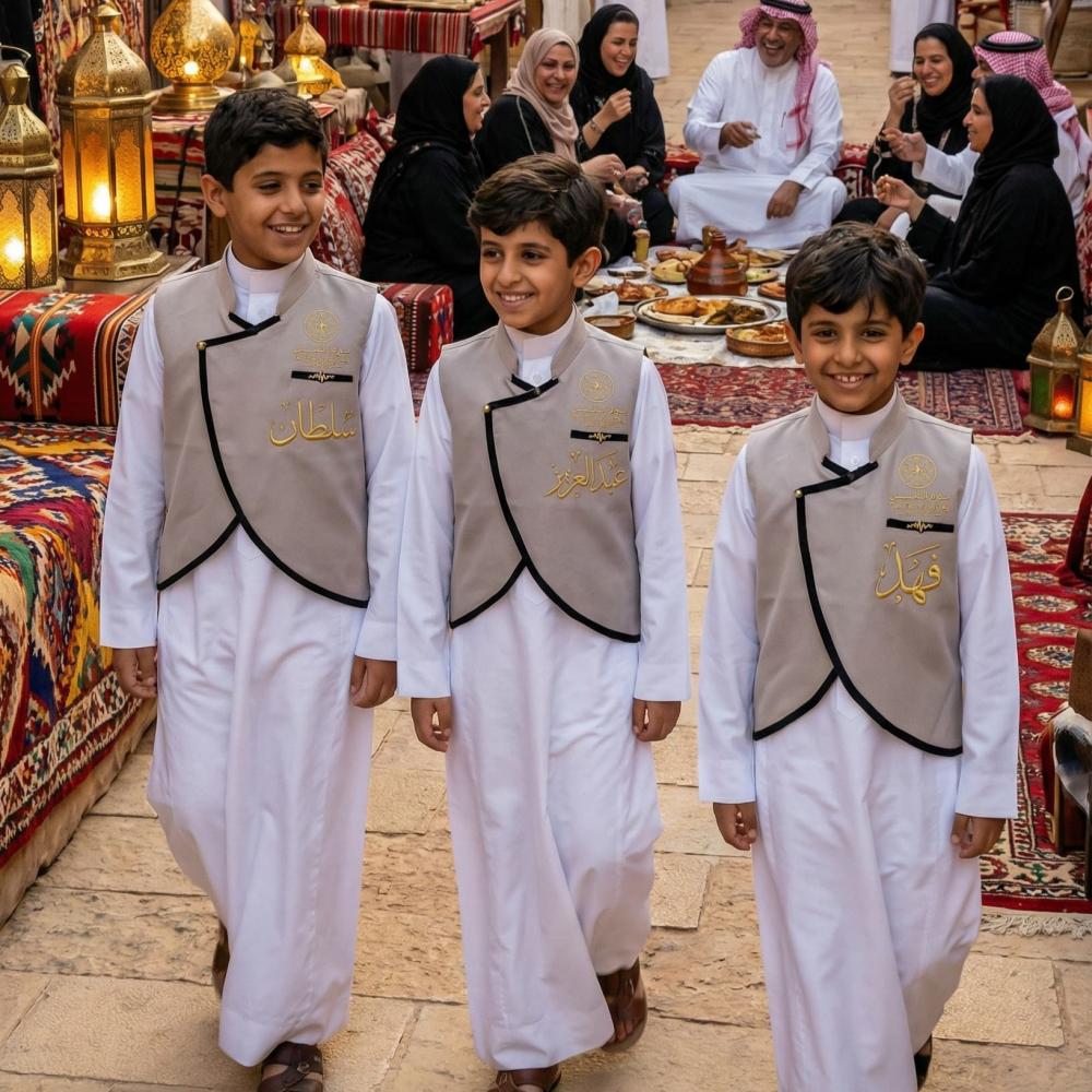 A plain gray blazer for boys with a Saudi stand-up collar and a curved cut, with a golden pulse brooch — product image 4