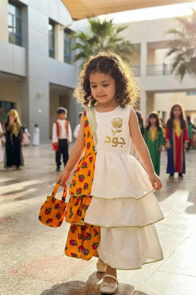 Girls' white and orange shalky dress with an elegant traditional design for Ramadan — product image 4