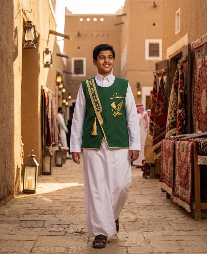 Blank green boys' Sediri bisht with a luxurious gold pattern with two swords and a palm tree — product image 3