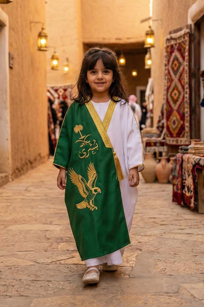 Blank national girls' bisht, two-color design, green and white, luxurious royal fabric — product image 2