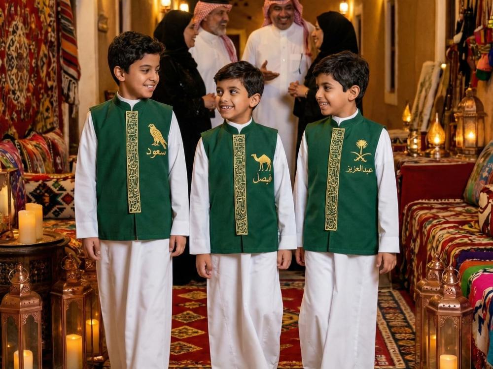 Blank olive green boys' Sediri with a Saudi standing collar and longitudinal embroidery in golden Arabic script — product image 4