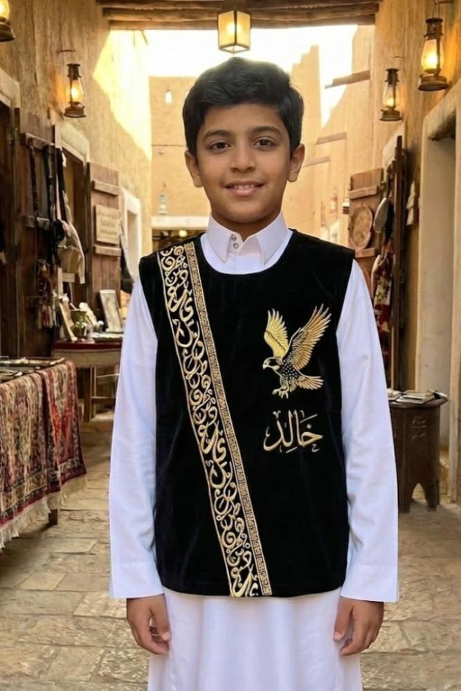Boys' plain black sedari with luxurious golden Arabic calligraphy — product image 3