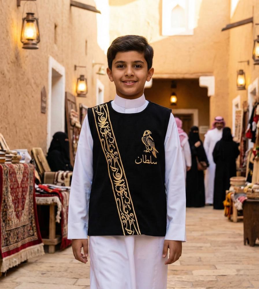 Boys' plain black sediri with golden Arabic calligraphy pattern — product image 2