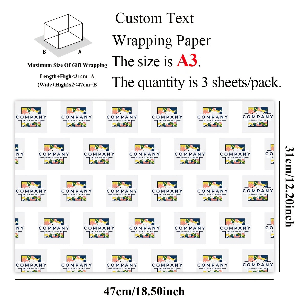 Corporate Custom Custom Logo Wrapping Paper, A3 Size Text Repeat Pattern Gift Wrap Sheets, – Client – image 2