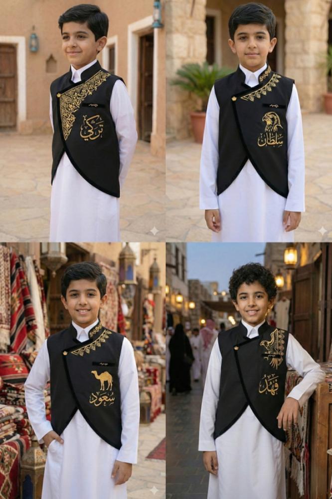 Blank black boys' robe with a Saudi stand-up collar and a curved cut, with a golden heart brooch — product image 6