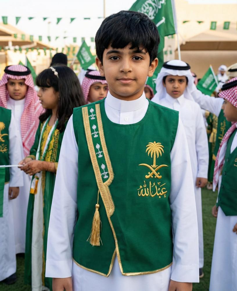 Blank green boys' Sediri bisht with a luxurious gold pattern with two swords and a palm tree — product image 2